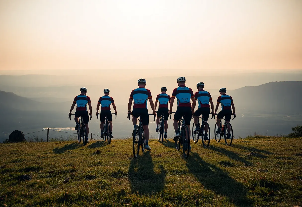 A group of cyclists pauses at a scenic overlook, enjoying the breathtaking view of rolling hills and valleys. The morning light enhances the serene atmosphere, while their colorful jerseys create a vibrant contrast against the grassy landscape. The composition captures the unity of the group, inviting viewers to appreciate the beauty of nature and the joy of cycling. Textured elements in the scene add to the realism.