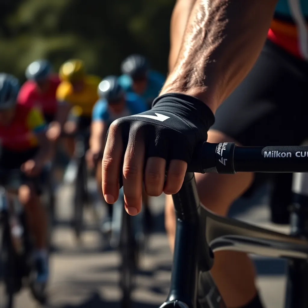 This intense close-up image showcases a cyclist's hands gripping the handlebars firmly, embodying determination and focus. The harsh sunlight accentuates the textures of their gloves and bike, casting dramatic shadows. The blurred background filled with vibrant cycling jerseys draws attention to the subject's intense grip. The composition highlights the raw energy and commitment involved in the sport, making it a powerful representation of cycling fanaticism.