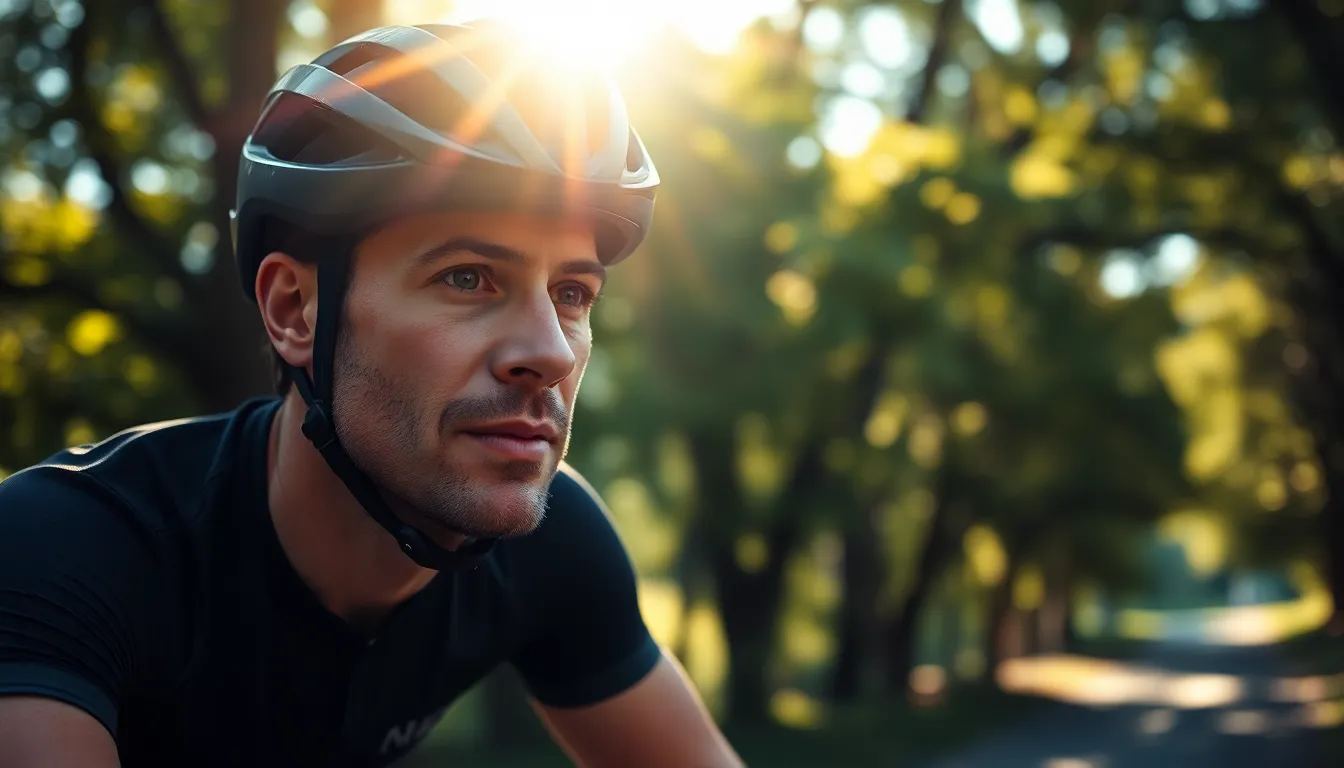 Mountain Biking Through Forest A mountain biker navigates through a lush forest, with dappled sunlight filtering through the leaves, creating a captivating atmosphere. The vibrant colors of the foliage are enhanced by the rich, saturated tones reminiscent of Fujifilm Velvia film. The focus is sharp on the cyclist's determined expression, while the background softens into a beautiful bokeh, amplifying the sense of adventure and thrill of the ride.