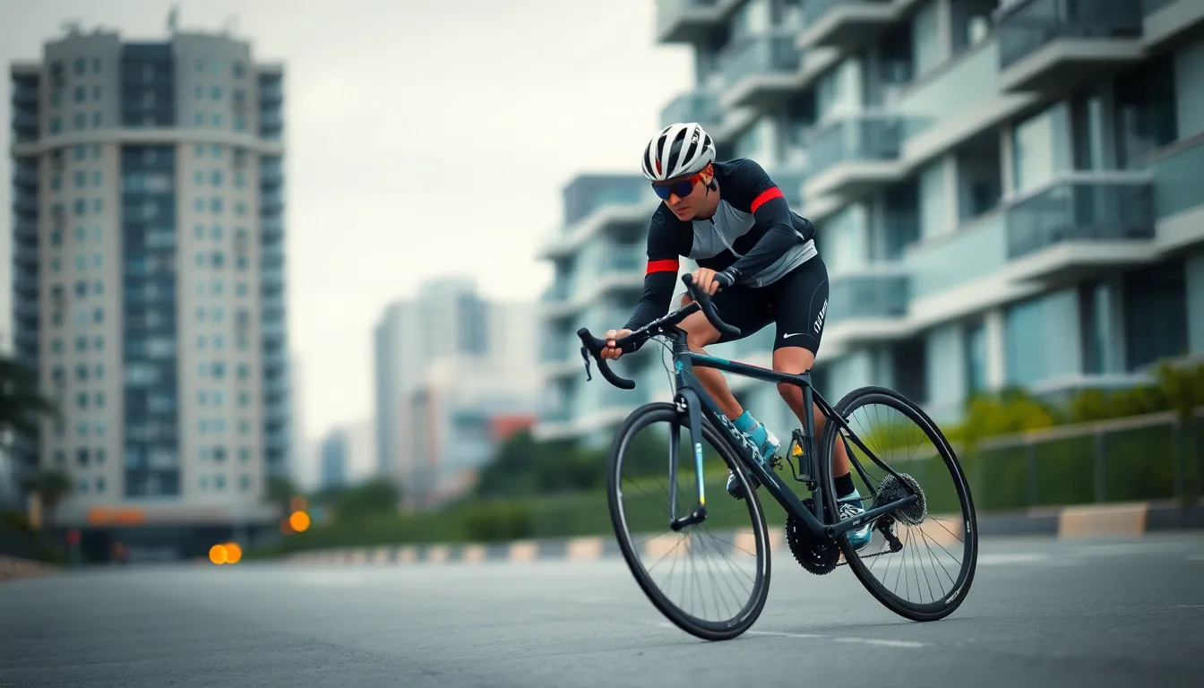 Urban Cyclist in Motion This captivating image showcases a cyclist expertly maneuvering through an urban environment under soft, overcast light. The muted grays of the cityscape provide a perfect contrast to the vibrant colors of the cyclist's gear, making them the focal point. The shallow depth of field effectively isolates the subject, highlighting their movement as they lean into a turn, with the blurred city behind creating a sense of speed and dynamism.