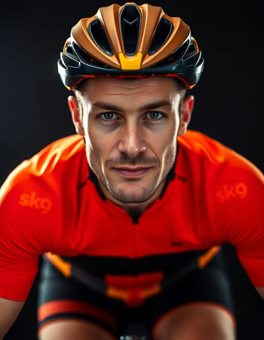 This powerful studio portrait features a cyclist showcasing their athletic physique, illuminated by bright, focused lights. The vibrant colors of their cycling jersey pop against the controlled backdrop, highlighting their commitment to the sport. The composition draws attention to the cyclist's expression of determination, encapsulating the spirit of athleticism.