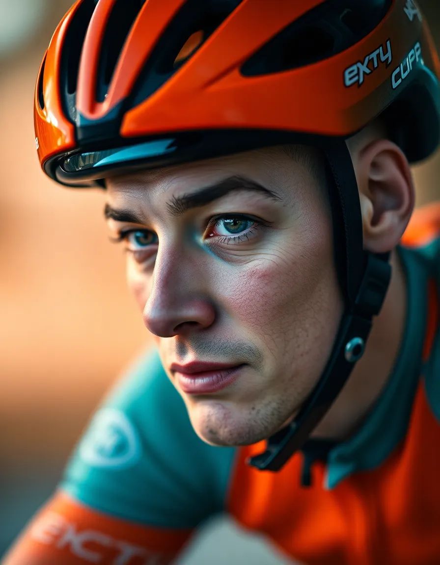 In this striking studio portrait, a cyclist is captured in dynamic detail, their focused eyes conveying determination and passion. The dramatic butterfly lighting highlights their facial features while casting soft shadows that enhance the intense mood. The vibrant colors of their cycling gear contrast against a tastefully blurred background, creating a contemporary and stylish representation of athleticism. This image embodies both power and artistry in sports photography.