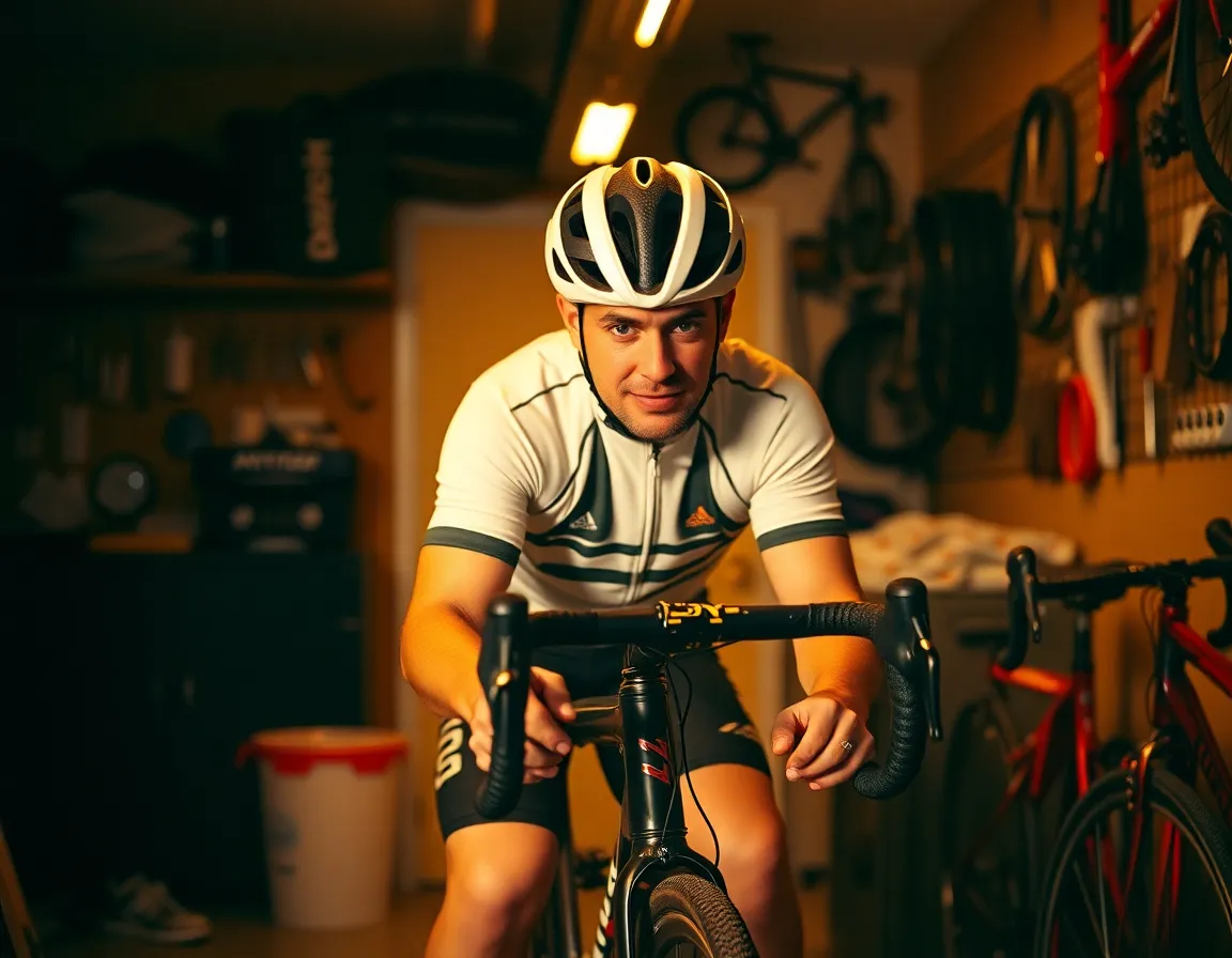 Cyclist Preparing Bike in Garage