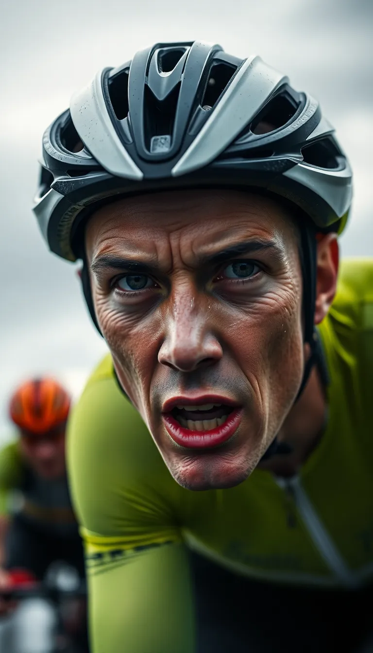 This image captures the intense focus of a cyclist during a race, with dramatic overcast skies adding to the atmosphere. The shallow depth of field draws attention to the cyclist's determined expression, while the muted background enhances the emotional impact. Rich colors from the cyclist's gear pop against the grey tones of the environment, portraying the grit and determination that embodies competitive cycling. This photograph resonates with the spirit of sport and the emotional journey of athletes.