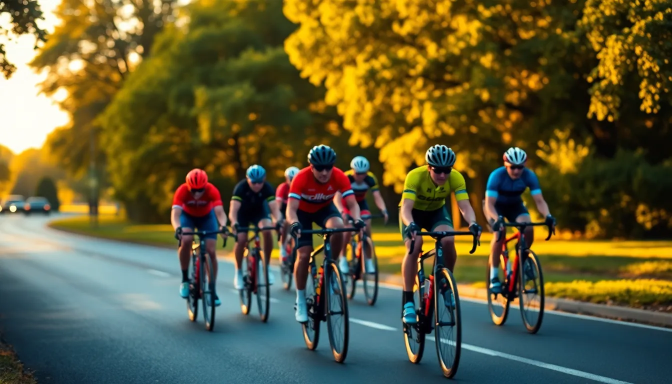 A dynamic cycling action shot showcases three cyclists racing on a winding road, illuminated by the warm glow of golden hour. Vivid colors accentuate their jerseys against the lush green backdrop of trees, creating a lively and energetic atmosphere. The focus on the riders amidst a softly blurred environment adds depth, while the wet pavement glistens, reflecting the warm light. The composition draws viewers in, capturing the thrill and speed of the sport.