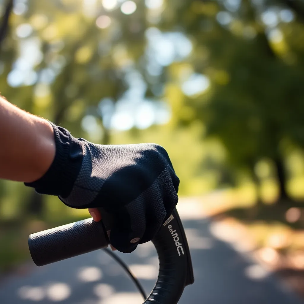 Close-Up of Cyclist's Hand on Handlebar This striking close-up image highlights a cyclist's hand gripping the handlebar of a sleek road bike, capturing the texture of the gloves and the bike's grip. The dappled sunlight filtering through leaves creates beautiful bokeh, enhancing the dreamy atmosphere. With a vibrant color palette that emphasizes saturation, the image exudes energy and passion for cycling. The centered composition focuses the viewer's attention on the intimate connection between the cyclist and their bike, emphasizing the sport's tactile joys.