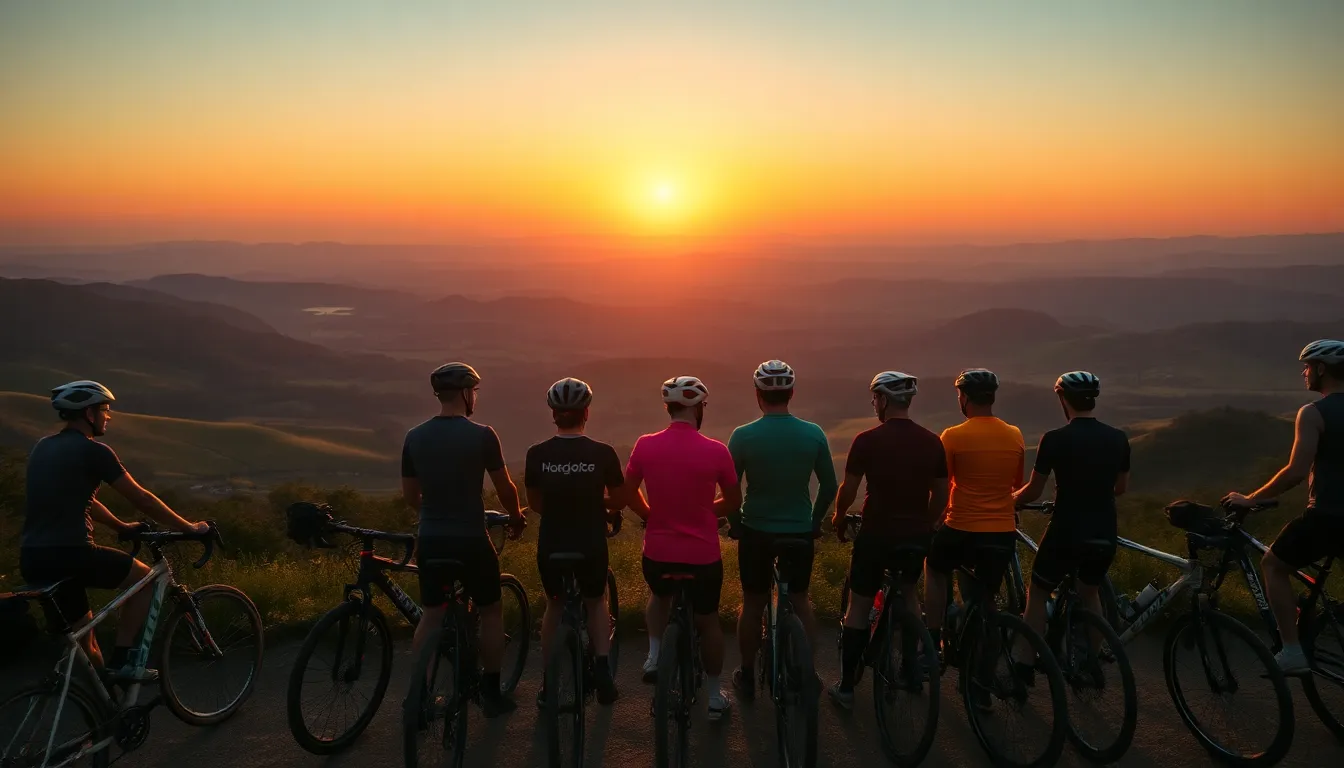 This picturesque image captures a group of cyclists gathered at a scenic overlook, basking in the glow of a vibrant sunset over rolling hills. The warm lighting casts beautiful golden hues on the cyclists and the landscape, creating a sense of camaraderie and appreciation for nature. With everything in sharp focus, the image invites viewers into this shared moment of joy and connection. Rich colors of the sunset and the texture of their gear further enhance this captivating scene, embodying the essence of cycling as both a sport and a lifestyle.