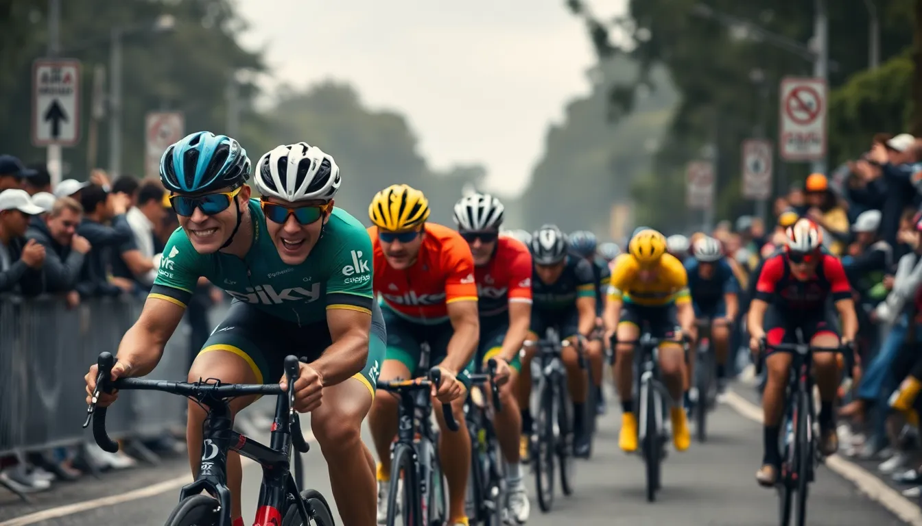 Intense Road Cycling Race An intense cycling race unfolds under the overcast sky, capturing the determination of athletes in colorful jerseys. The sharp focus on the riders is complemented by the cheering crowd, creating a sense of urgency and energy. The natural muted tones highlight the grit and focus of each competitor, drawing attention to the distinctive patterns and textures of their cycling gear. This dynamic image perfectly encapsulates the thrill and challenge of competitive cycling.