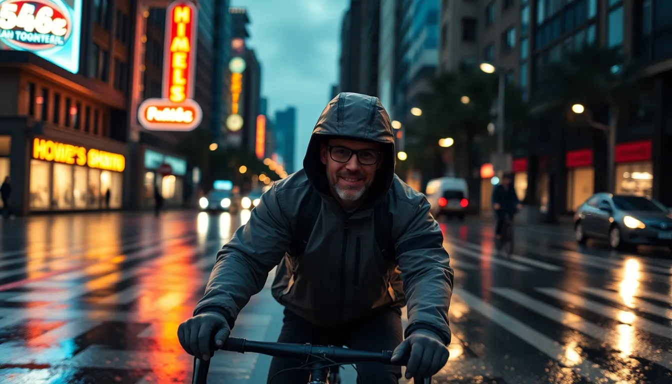 This striking image captures a cyclist navigating through an urban landscape on a rainy evening. The neon reflections on the wet pavement create a vibrant yet moody atmosphere. With dramatic lighting from street lamps, the cyclist is sharply focused amidst a blurred city backdrop, emphasizing their determination in adverse weather. The composition's leading lines draw the viewer's eye, creating a sense of motion and urgency.