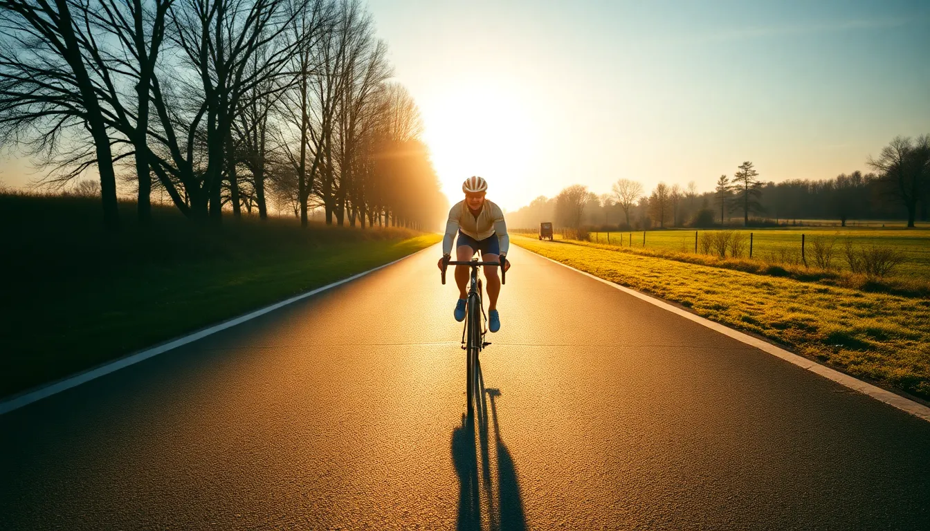 The image captures a cyclist making their way down a well-used path in the early morning light. The warm glow of the sun creates captivating long shadows, emphasizing the cyclist's bright outfit. The sharpness across the entire scene highlights the texture of the asphalt, adding depth to the composition. This vibrant and energetic scene represents the spirit of cycling at dawn.