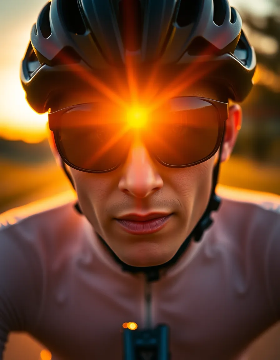 A close-up portrait of a cyclist in vibrant cycling gear, set against a breathtaking golden sunset. The backlighting creates a striking halo effect around their silhouette, enhancing the warmth of their skin tones. Their focused expression reveals determination, while vibrant colors of the sky complement their attire. The composition invites admiration of the intricate details of their cycling gear.