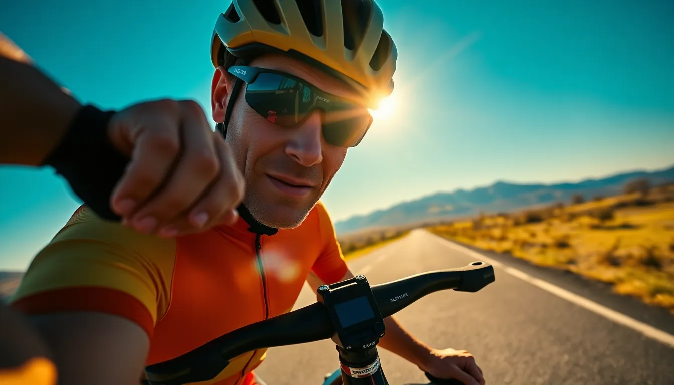 Cyclist Climbing Mountain Road In this dynamic photograph, a cyclist is captured mid-climb on a mountainous road bathed in bright midday light. The stark contrast of light and shadow highlights the determination on the cyclist's face, while their brightly colored gear vibrantly stands out against a more subdued landscape. The leading lines of the road guide the viewer's gaze toward the picturesque mountain range, enhancing the sense of adventure.