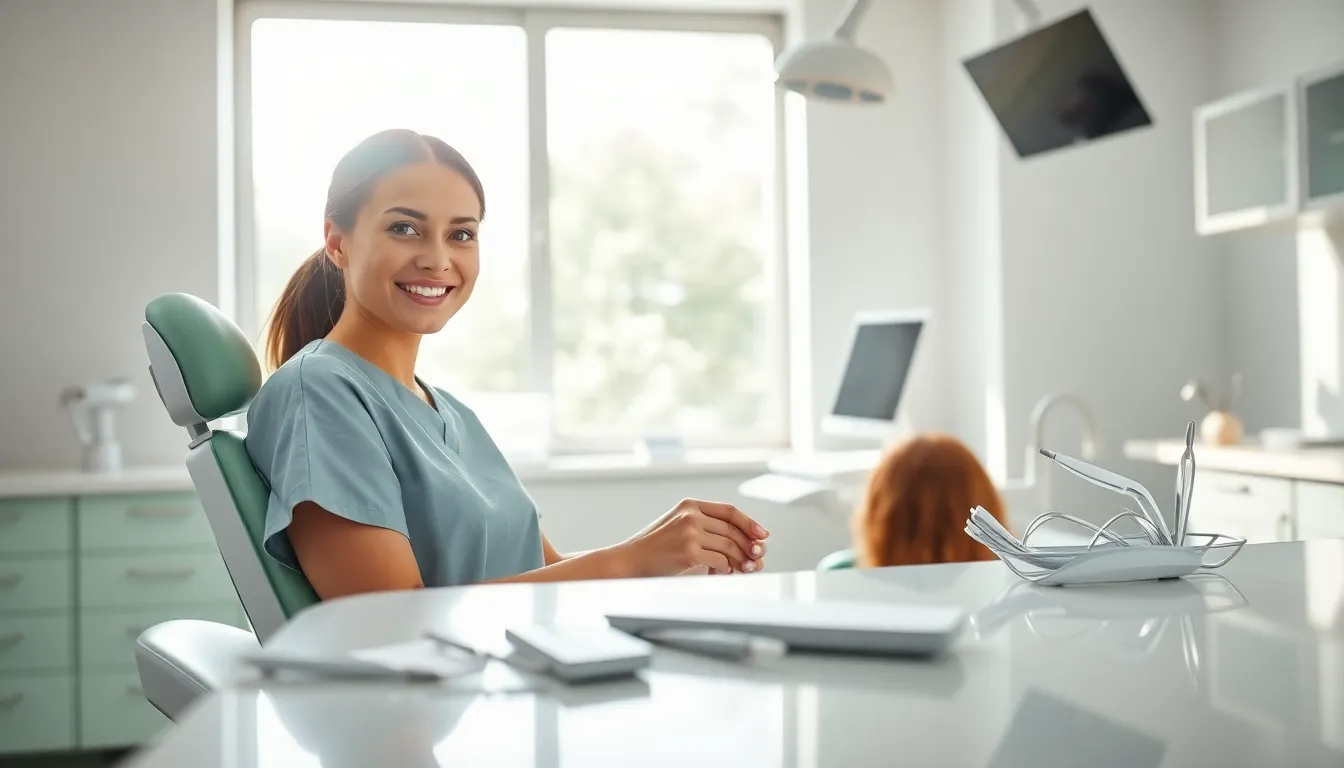 This image captures a warm and inviting dental clinic scene where a hygienist is assisting a patient. The bright, airy atmosphere is enhanced by natural lighting with soft shadows. The mint green and white color scheme provides a calm environment, reflecting the professionalism of the healthcare setting. The focus on the hygienist's eyes adds a personal touch, emphasizing care and attention during the dental visit.