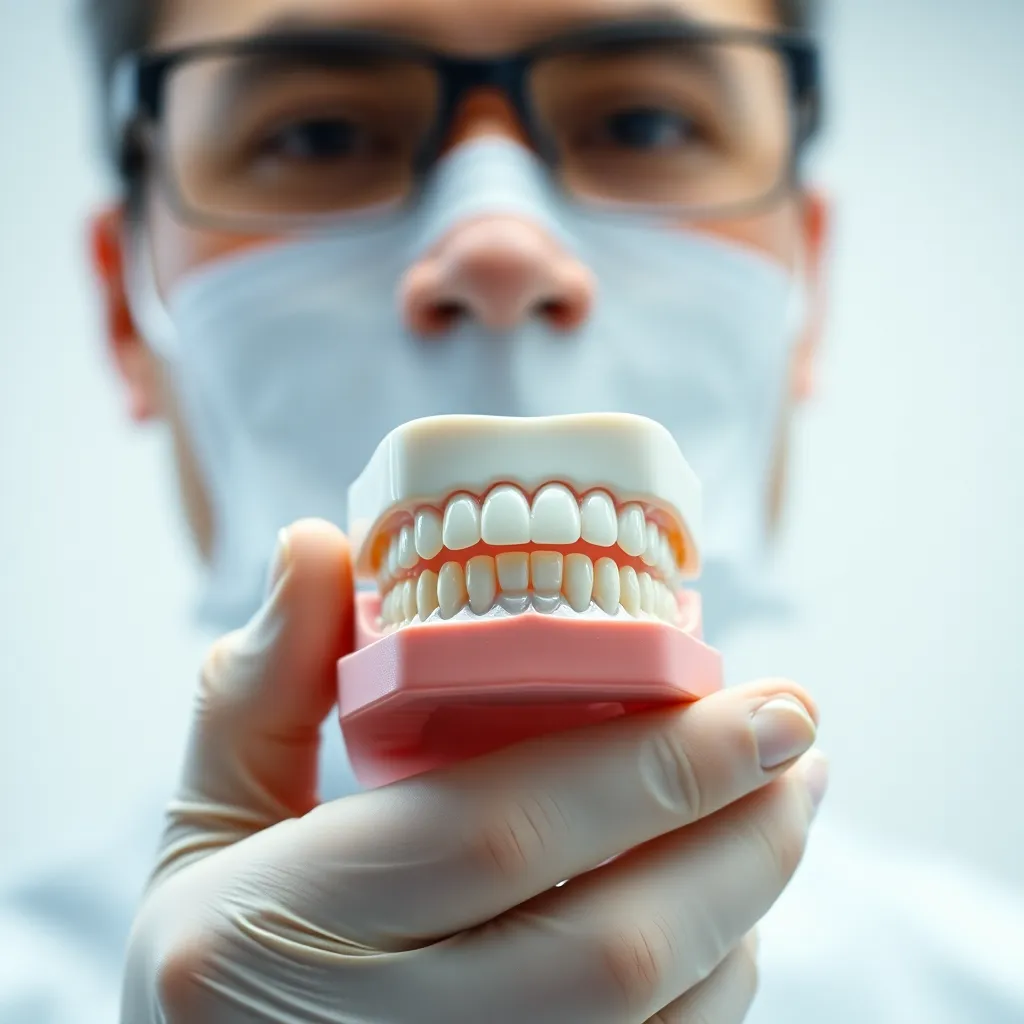 This close-up image features a dentist holding a detailed dental model against a bright studio backdrop. The stark lighting accentuates the model's textures, showcasing the intricacies of dental anatomy. With a sharp focus on the model and a softly blurred background, the composition highlights the importance of education and discussion in dental care. Ideal for educational and promotional materials in the healthcare sector.
