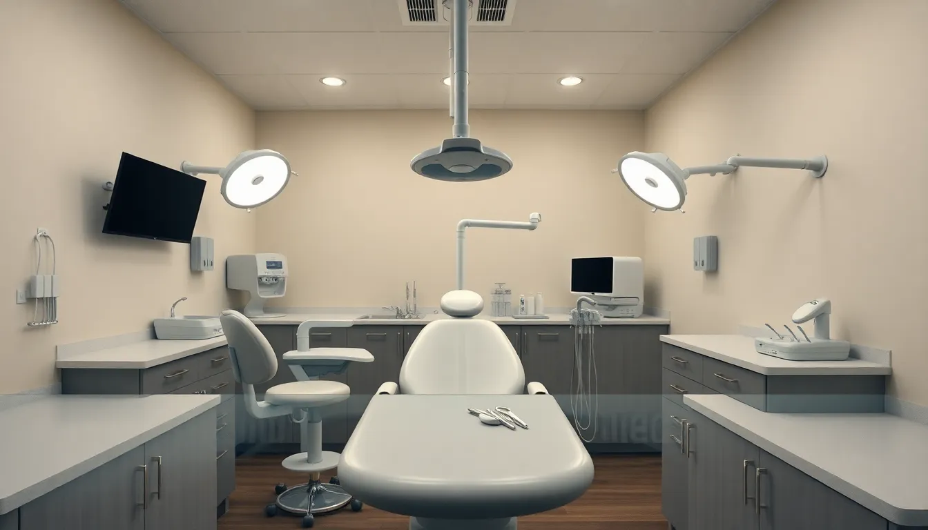 A well-organized display of modern dental tools in a bright clinic emphasizes cleanliness and professionalism. The studio lighting highlights the gleaming stainless steel instruments and the smooth, sterile surfaces of the work area. The composition captures a symmetrical view, inviting viewers into a space dedicated to dental care. Muted colors provide a calming effect, ideal for a healthcare setting.