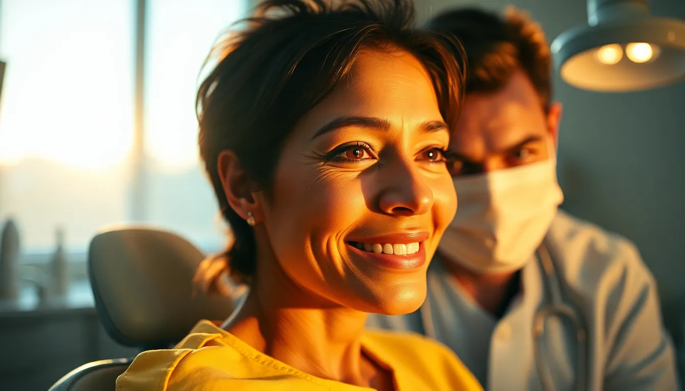 A warm and inviting dental consultation scene, featuring a dentist attentively engaging with a patient. The golden hour light creates a soft atmosphere, highlighting the professionalism of the dental office. Dental tools gleam softly in the background, enhancing the caring environment. The focus on the dentist's friendly expression makes the image feel approachable and reassuring.