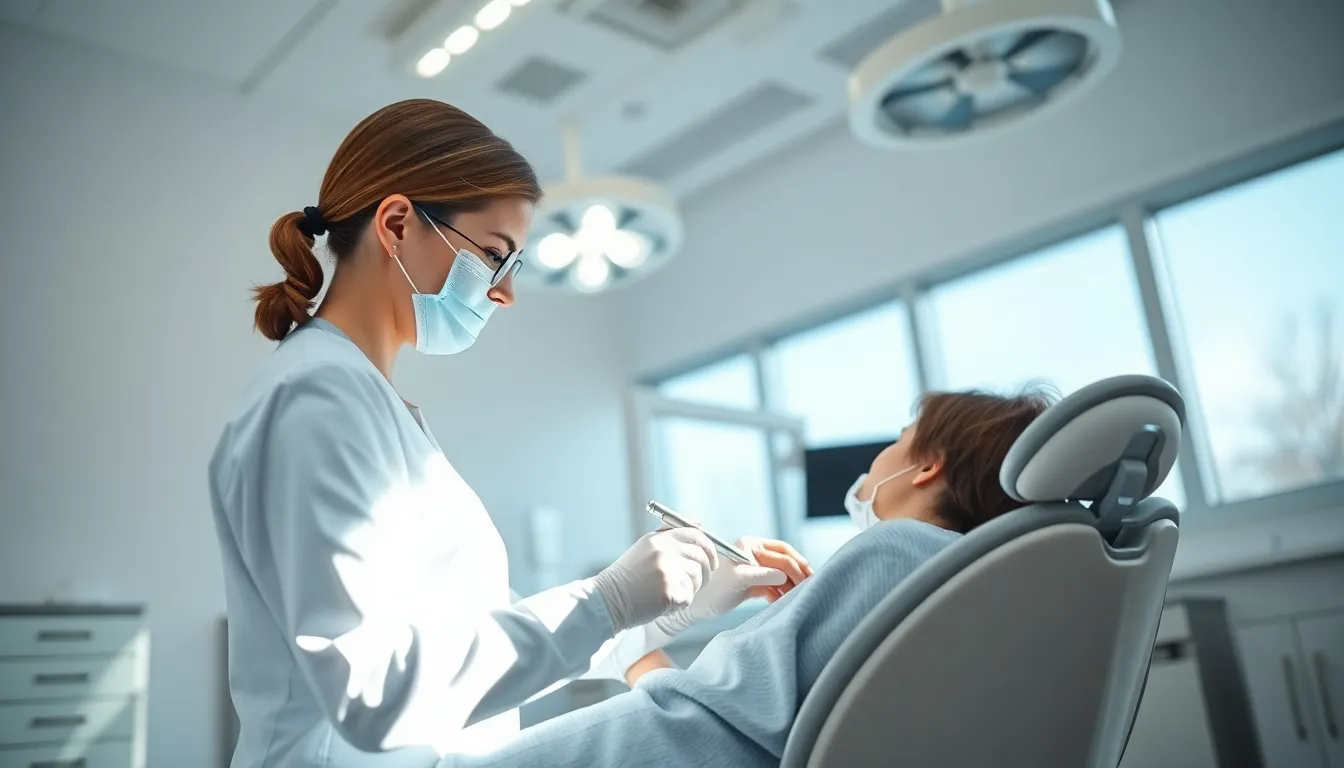 This photorealistic image captures a dental hygienist diligently working on a patient in a sleek, modern clinic. Bright overhead lights mix with natural daylight, creating a calm and sterile environment. The soft focus on clinical tools enhances the feeling of professionalism. The composition and cool color palette reflect a clean, efficient atmosphere that is comforting to patients.