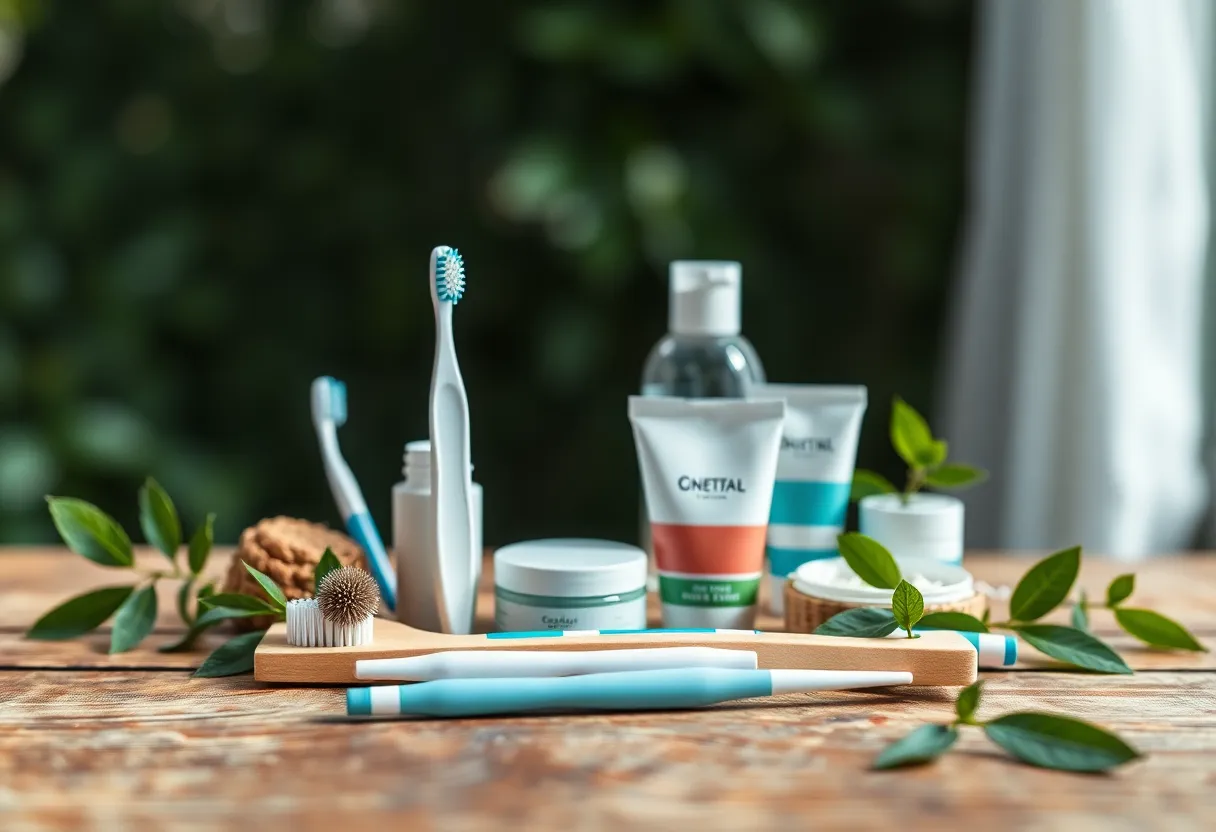 This image features an aesthetic arrangement of eco-friendly dental products on a rustic wooden surface, highlighting the commitment to sustainability in oral care. Overcast diffused daylight brightens the scene, enhancing the freshness of the colors and textures. The centered composition draws attention to the natural materials used in the products, inviting viewers to consider eco-conscious choices for their dental health.