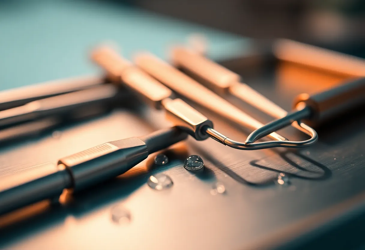This macro photograph presents a collection of gleaming dental instruments arranged meticulously on a stainless steel tray. The dramatic lighting casts soft shadows, enhancing the textures of the polished metal and creating a clinical yet artistic feel. The teal and orange color grading adds a modern touch, making this image suitable for healthcare and dental publications.