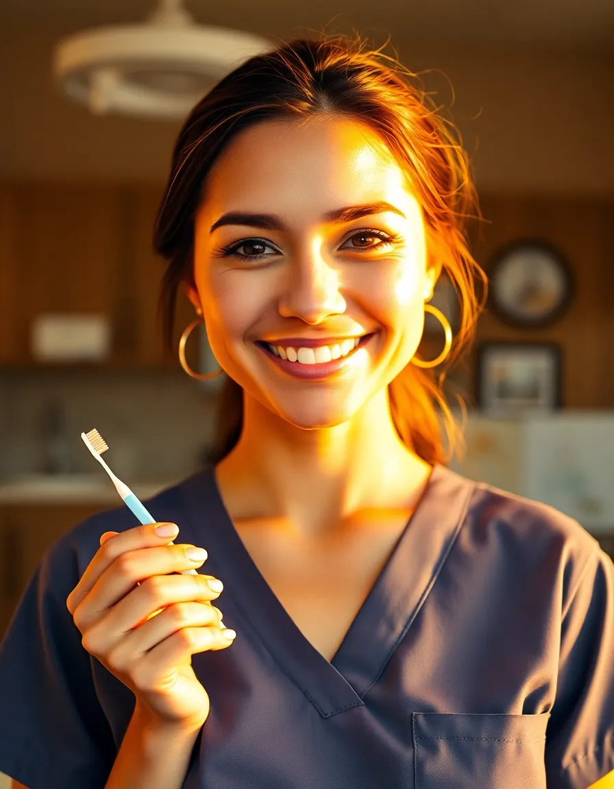 In this portrait, a cheerful dental hygienist poses confidently with dental tools in hand, radiating positivity in a softly lit dental office. The warm backlighting highlights her features, while the golden hour creates an inviting atmosphere. This image conveys professionalism and warmth, making it ideal for promotional materials in the dental field.