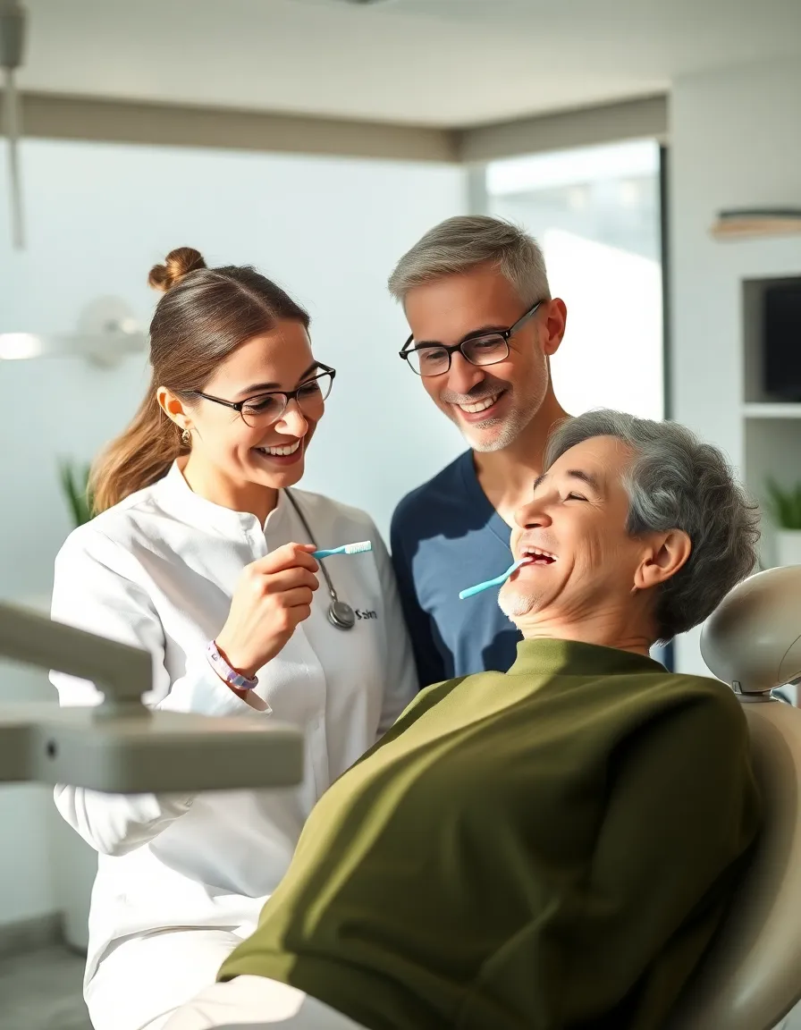 Dental Hygienist Educating Patient This engaging image highlights a dental hygienist demonstrating correct brushing techniques to a patient in a bright, modern clinic. Utilizing natural lighting, the scene is warm and inviting, emphasizing the importance of oral health education. The composition centers around their interaction, emphasizing the trust and engagement essential in healthcare.
