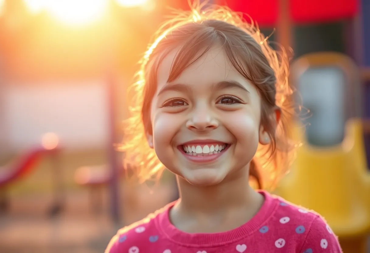 In this cheerful photograph, a young girl beams with a bright smile in a vibrant playground setting. The warm golden hour lighting accentuates her freshly brushed teeth, capturing the essence of oral health and happiness. The shallow depth of field creates a buttery bokeh effect, allowing the viewer to focus on her joyful expression while the colorful playground fades into the background. This image promotes a positive association with dental care for children.