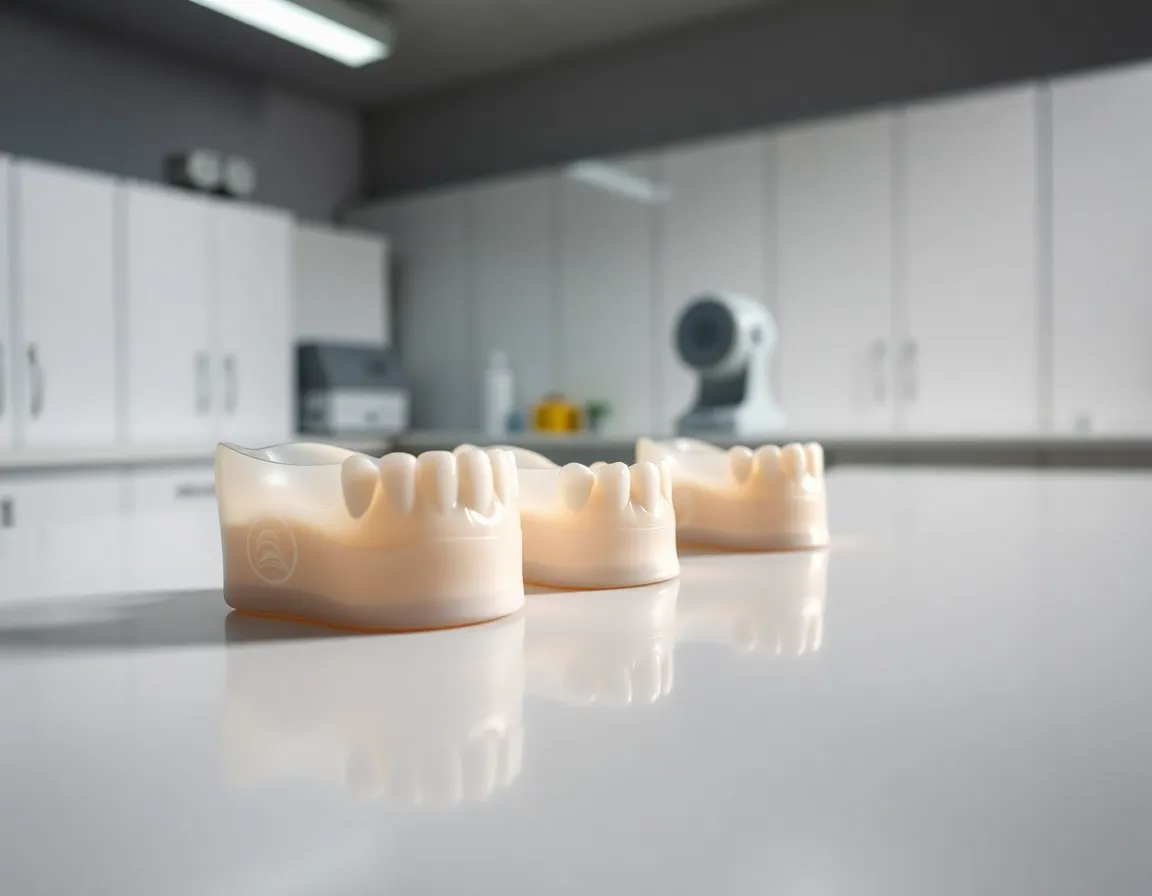 This macro shot reveals the exquisite details of dental molds arranged on a polished lab countertop. Soft studio lighting accentuates the textures and contours of the molds, conveying a sense of precision and professionalism in dental craftsmanship. The meticulously clean environment enhances the clinical aspect of dental lab work.