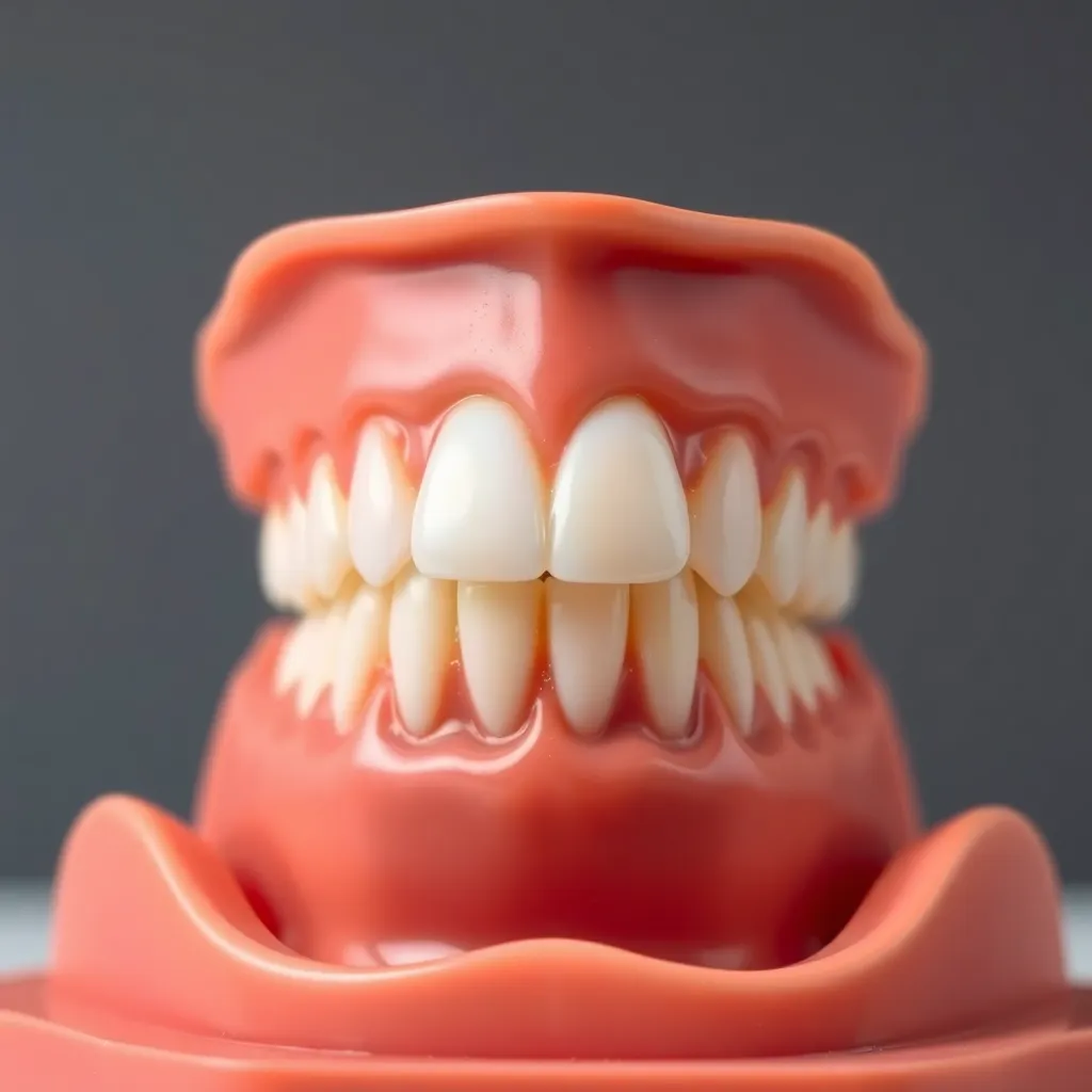 This macro image showcases an intricately detailed dental model, emphasizing the realistic appearance of teeth and gums. Captured under diffused daylight, the natural muted tones highlight the model's textures and finishes, creating an educational yet appealing image for dental professionals. The selective focus draws attention to the precision of the dental work, with a neutral gray background providing a clean and unobtrusive setting. This composition effectively illustrates the intricacies of dental anatomy.