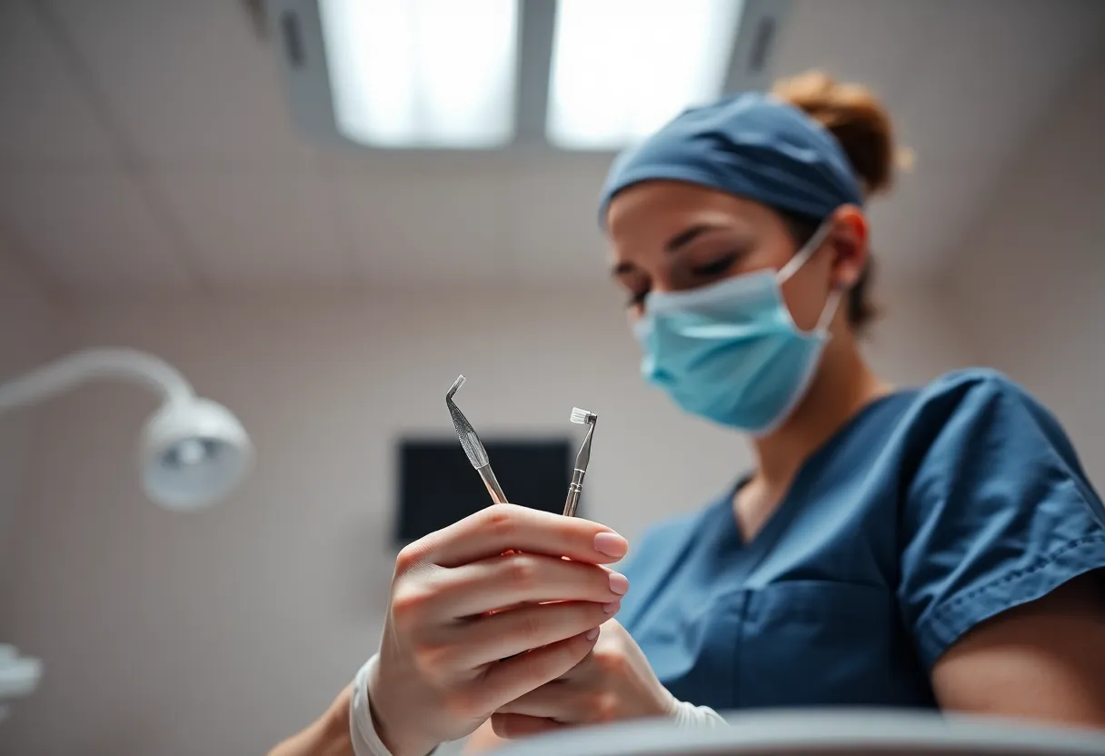In this image, a dental hygienist is captured in action, preparing essential tools in a clean clinical environment. Dressed in scrubs and a mask, her focused hands are the highlight, demonstrating the precision and care involved in dental hygiene. The overhead fluorescent lighting creates a bright atmosphere, complementing the hygienist's dedication to maintaining a sterile environment. This image is perfect for showcasing the importance of dental health and professional care.
