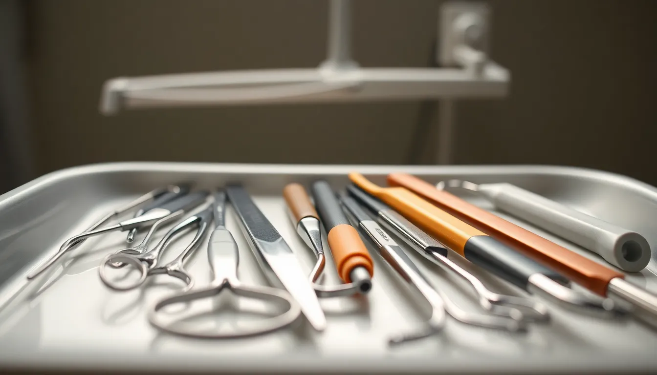 Clinically Arranged Dental Instruments This macro shot offers a detailed view of a neatly arranged dental tray, showcasing various instruments essential for dental procedures. The overcast daylight casts soft shadows, allowing for a clear focus on the textures and reflections of the tools. The use of natural muted tones enhances the clinical feel, while the purposeful arrangement creates leading lines that draw the viewer's attention throughout the composition.