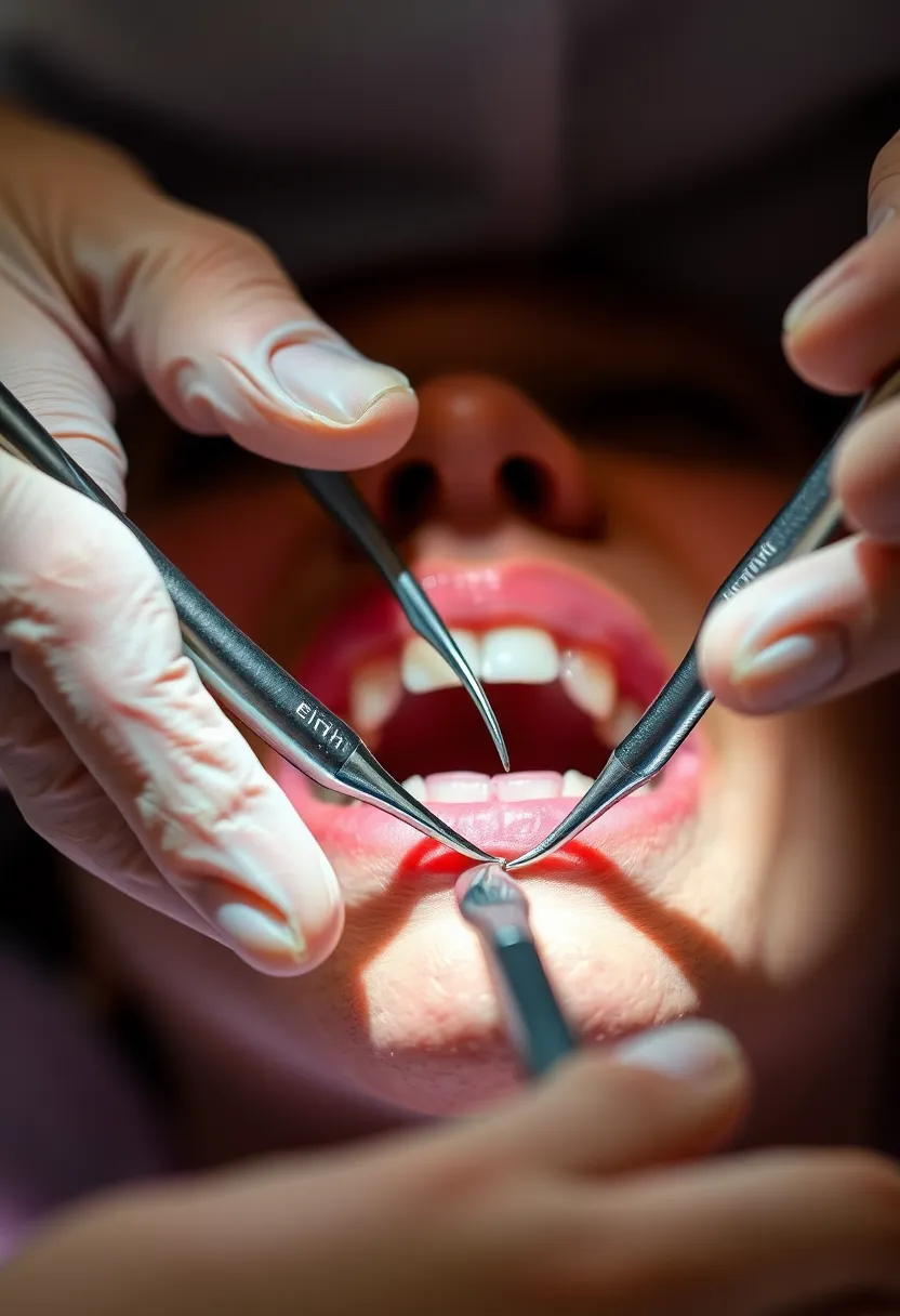 This striking close-up image captures the precision of a dental hygienist's hands as they perform a teeth cleaning procedure. The shallow depth of field emphasizes the fine details of the instruments and the hygienist's careful movements, while the vibrant color palette brings the scene to life. The studio lighting technique highlights the textures and cleanliness of the dental tools, creating an engaging, professional atmosphere. This image effectively showcases the importance of dental hygiene in a clear and visually appealing manner.