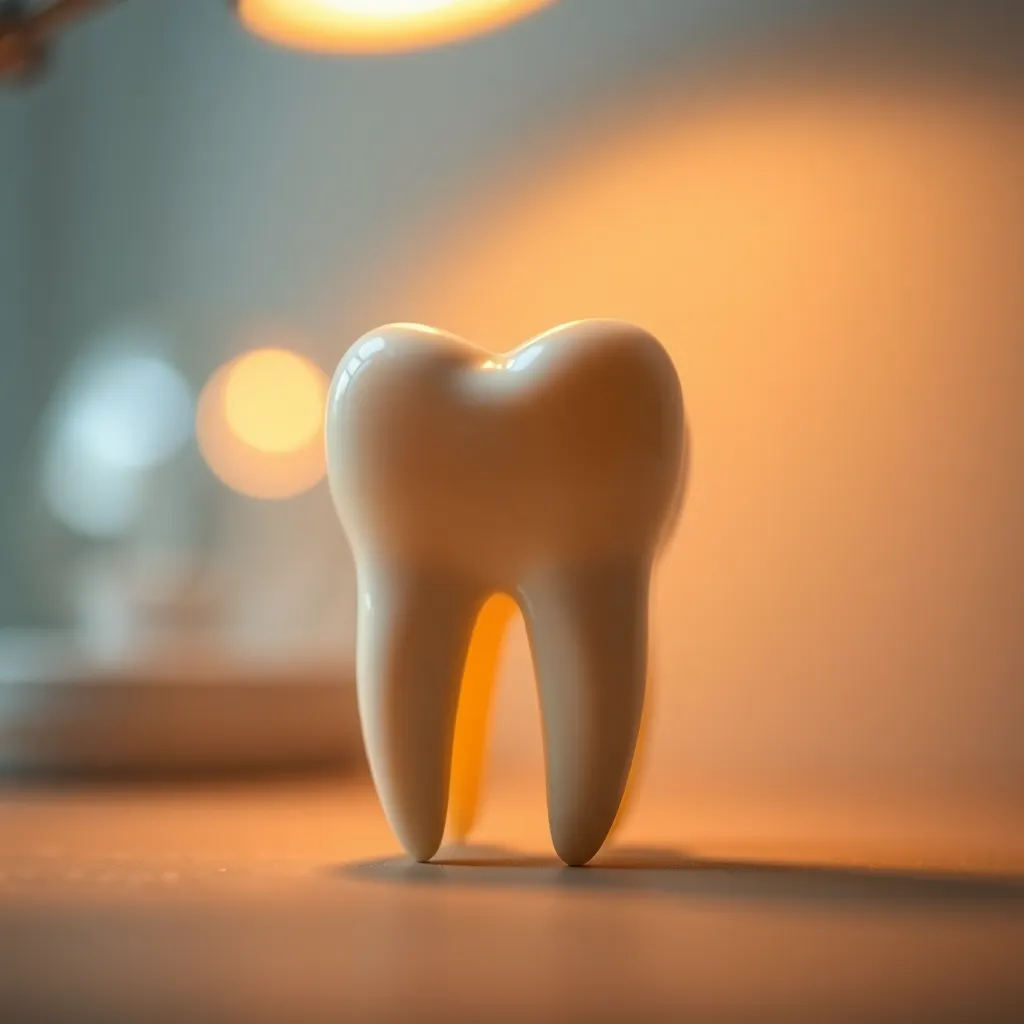 This close-up photograph showcases a detailed dental tooth model illuminated by warm tungsten light, creating a cozy yet clinical atmosphere. The shallow depth of field renders the background into a soft bokeh, allowing the intricate details of the tooth to stand out. The natural muted tones evoke a sense of professionalism and care, making it an ideal representation of dental education and practice.
