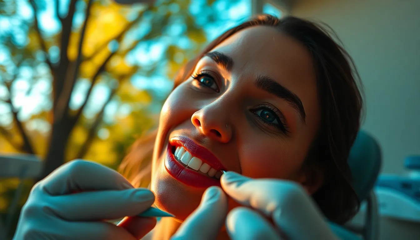 In this engaging photograph, a dental hygienist diligently cleans a patient's teeth, beautifully lit by dappled sunlight that filters through surrounding trees. The dynamic composition highlights both the hygienist's focus and the sophisticated dental equipment in use. The subtle cinematic grading adds warmth to the scene, capturing the essence of patient care and professional dedication in a serene setting.