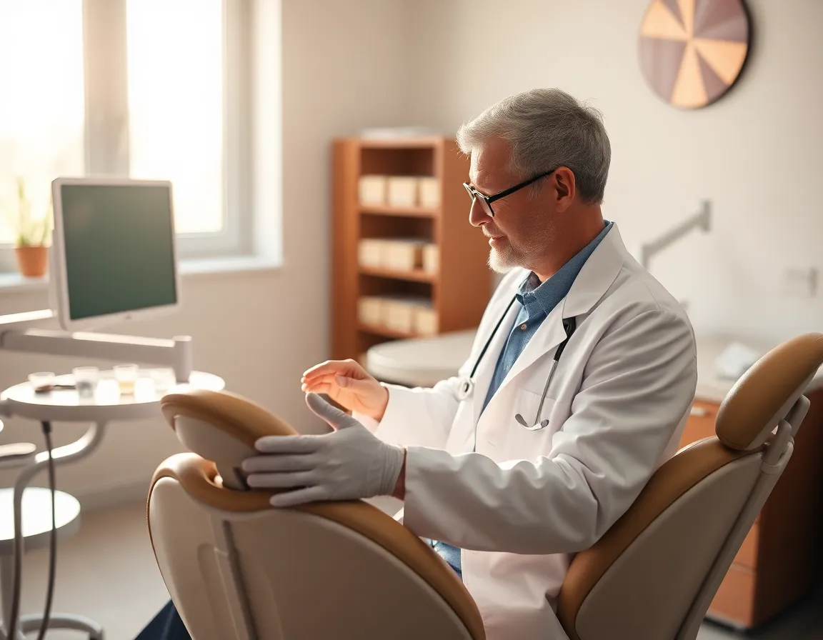 This photograph depicts a dental practitioner warmly interacting with a patient in a well-lit, inviting office. Natural backlighting accentuates the textures of the white coat worn by the dentist while softly illuminating the patient’s face, fostering a sense of trust and warmth. The peaceful color palette, with soft whites and greens, reflects a calming environment. The dynamic composition draws the viewer's attention to the interaction, emphasizing the importance of communication in a healthcare setting.