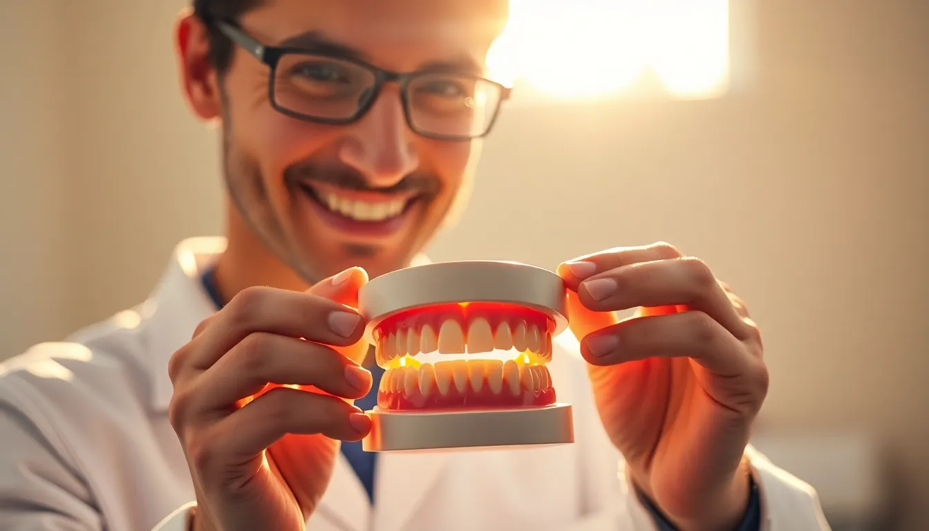 A dentist stands in front of a glowing backdrop during golden hour, demonstrating a dental model. The warm rim light enhances the scene's inviting nature, while the shallow depth of field focuses on the intricacy of the dental model. Centered in composition, the dentist displays a friendly expression, creating a connection with potential patients and emphasizing the importance of oral health education.