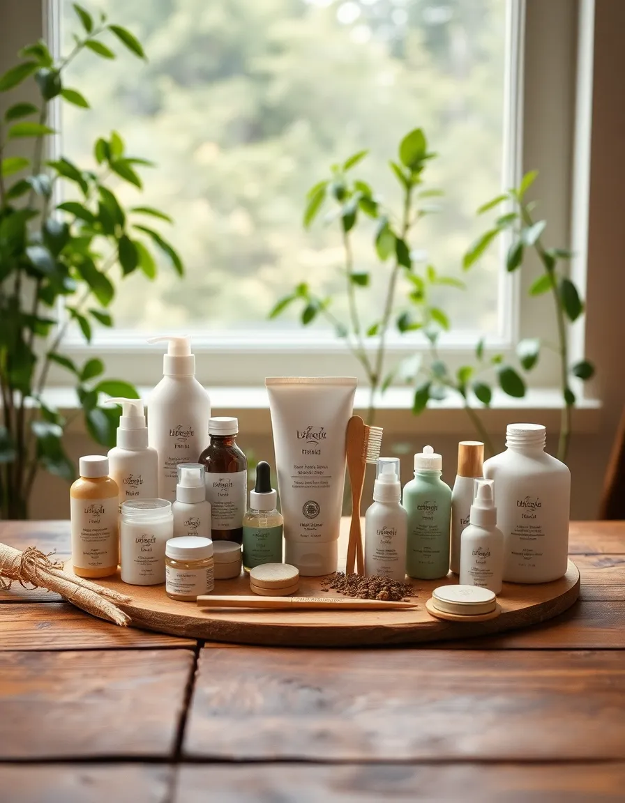 This image showcases an aesthetically pleasing arrangement of organic dental products set on a rustic wooden table. The natural daylight highlights the textures of each product, from bamboo toothbrushes to herbal toothpaste tubes, evoking a sense of sustainability and health-conscious living. The muted color palette adds an earthy tone that reinforces the organic theme, while the careful composition draws the viewer's eye to the harmony of the products. This image appeals to consumers interested in eco-friendly dental care options.