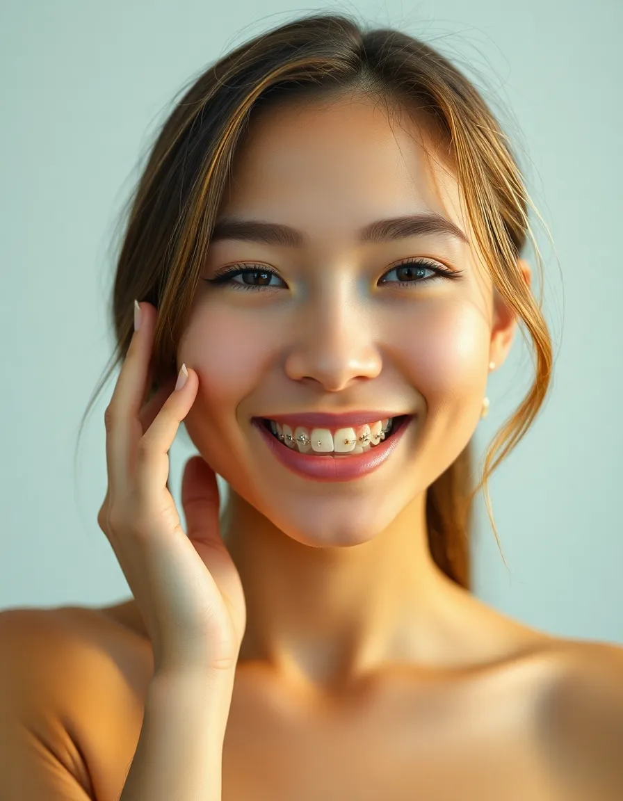 Young Woman Smiling with Braces This intimate portrait features a young woman with braces, captured in a moment of genuine joy. The soft overhead lighting highlights her warm skin tones and the clear braces, creating a charming focus on her smile. The centered composition emphasizes her expression while showcasing her natural beauty. The use of a medium format camera ensures exceptional detail, making the image feel authentic and engaging.