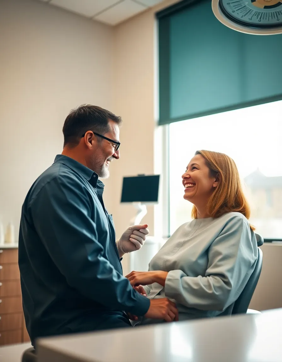 A heartwarming moment unfolds as a dentist shares a laugh with a patient during a routine check-up. Natural light floods the dental office, creating a comfortable and inviting setting. The warmth of the image, combined with the soft tones and blurred background, highlights the connection between the dentist and patient. This candid interaction exemplifies the importance of building trust and comfort in healthcare settings.