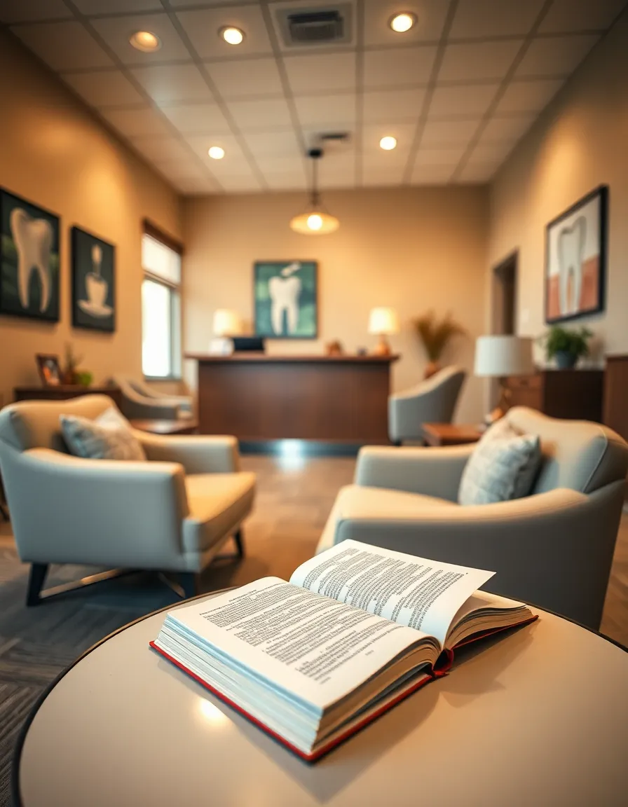 This image portrays a cozy waiting room in a dental office, designed for comfort and relaxation. Warm golden hour light bathes the space, highlighting the inviting decor and comfortable seating arrangements. A book rests on a side table, inviting visitors to unwind as they wait. The composition effectively uses leading lines to draw attention toward the welcoming reception area, creating a sense of tranquility and reassurance for patients.