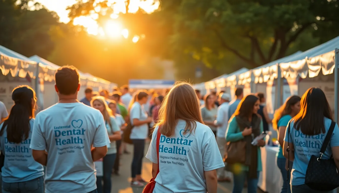 This engaging image showcases a vibrant outdoor dental health awareness event, where participants gather around various booths providing information and resources. The warm golden hour light bathes the scene, adding a welcoming glow while creating beautiful rim light around the people. The use of hyperfocal distance ensures both foreground and background elements are crisp and clear. Leading lines from the booth arrangements draw the viewer’s eye through the lively atmosphere, promoting a sense of community and health.