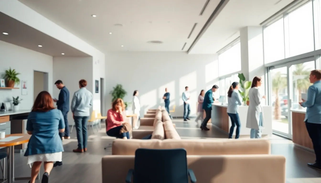 This dynamic image captures the lively atmosphere of a dental clinic’s reception area, filled with patients and staff. Natural daylight streams through expansive windows, creating a warm and welcoming environment. The hyperfocal depth of field ensures that every detail contributes to the bustling scene, emphasizing the clinic's efficiency and patient-centered approach.