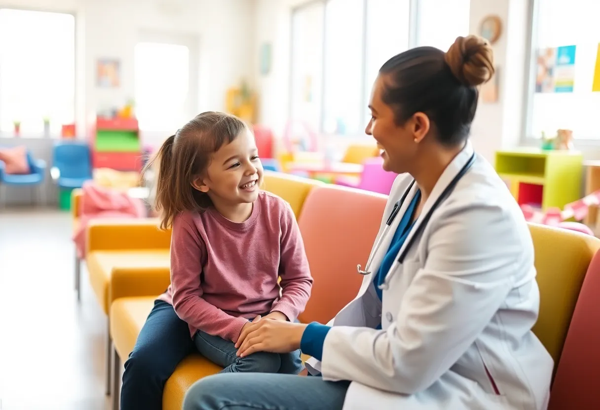 This lively image depicts a pediatric dentist enthusiastically explaining dental hygiene to a smiling child in a vibrant waiting room. Bright, natural daylight suffuses the space, enhancing the cheerful decor that captivates young patients. The selective focus beautifully captures this engaging moment, embodying the friendly and nurturing atmosphere of pediatric dentistry.
