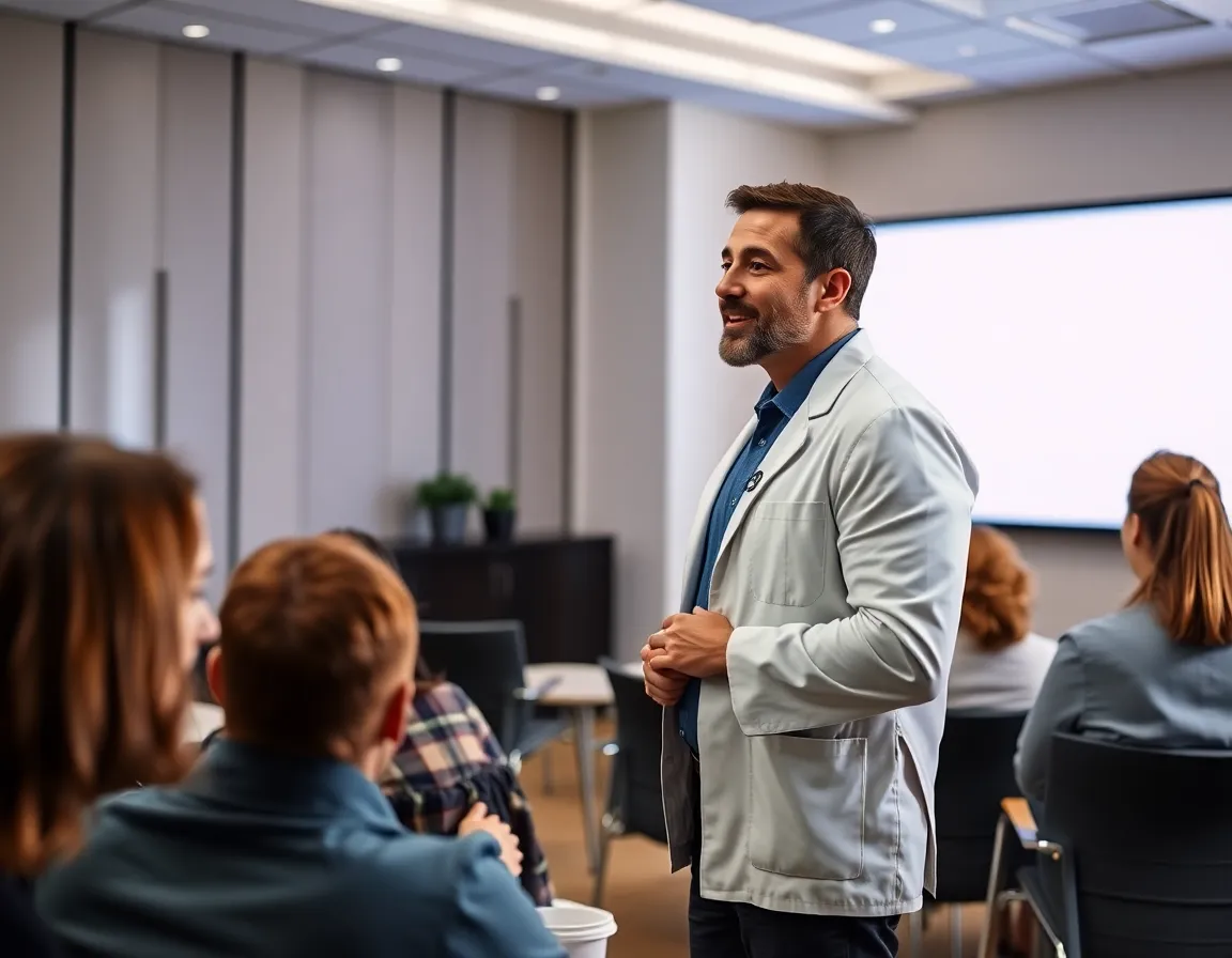 This professional image captures a dentist delivering an engaging presentation in a contemporary conference room. The depth of field ensures that both the speaker and the content displayed on the screen are clearly visible, illustrating the informative nature of the event. The warm lighting creates a welcoming atmosphere, while the muted color palette enhances focus on the dental professional's expertise. The composition effectively guides the viewer's attention to the dentist, highlighting their confidence and authority in oral health education.