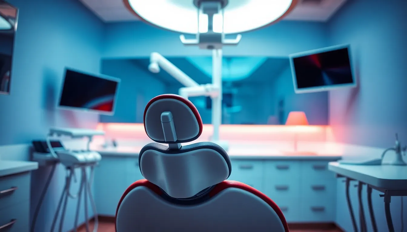 This dynamic photograph captures a bright and sterile dental environment, showcasing a modern dental chair and sophisticated equipment under professional lighting. The use of butterfly lighting highlights the cleanliness and precision of the space, while vibrant colors draw the eye to the carefully arranged tools. With a hyperfocal focus, both the equipment and the chair are rendered sharp and inviting, symbolizing advanced dental care.