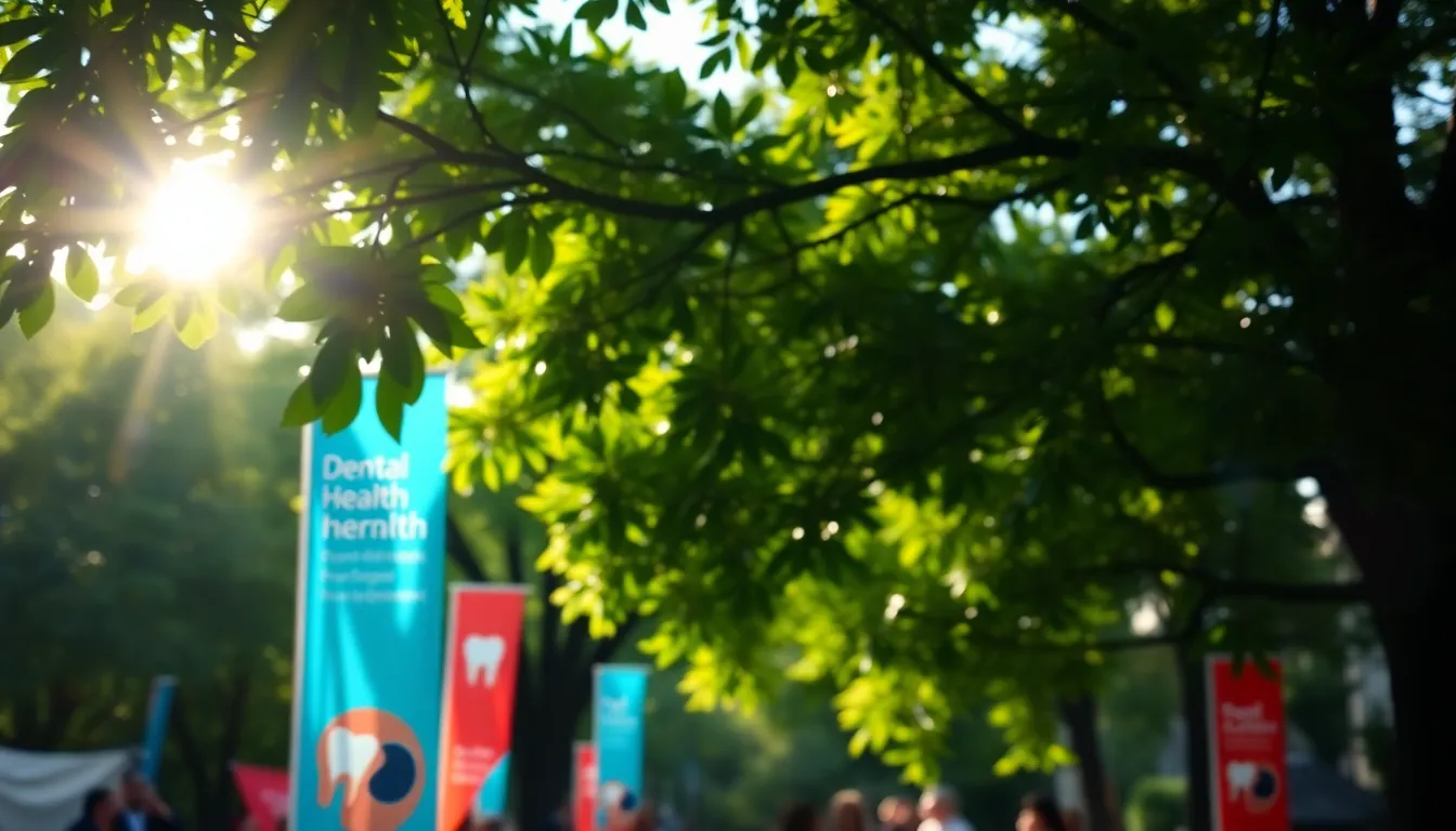 This vibrant outdoor scene captures a dental health awareness event surrounded by lush greenery. The dappled sunlight creates a lively atmosphere, illuminating colorful banners and participants engaging in activities. The sharp focus across the image invites viewers into the community spirit, emphasizing the importance of oral health education in a natural setting. The deep greens and bright colors add to the vitality of the moment, making it a dynamic representation of healthcare outreach.