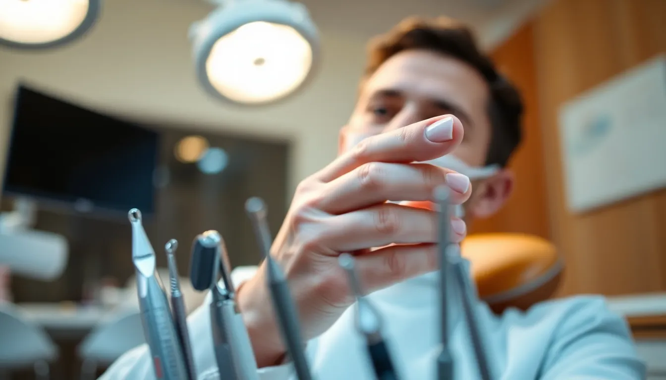 This engaging image features a dentist carefully treating a patient in a state-of-the-art clinic. The scene captures the dentist's focused expression and skilled hands, conveying a sense of care and professionalism. The warm lighting enhances the welcoming atmosphere of the dental environment, while the soft focus on instruments adds depth. The balanced composition draws attention to the interaction between the doctor and patient, creating an inviting yet clinical feel.