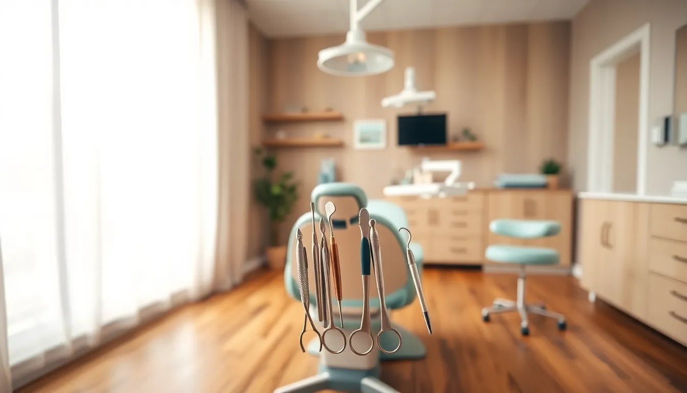 Inviting Dental Clinic Interior This photorealistic image captures the serene interior of a modern dental clinic. Illuminated by natural light, the setting features a well-appointed dental chair surrounded by clean dental tools. The soft color palette of blue and white warms the atmosphere, inviting patients to feel at ease. The composition draws the viewer's eye directly to the chair, emphasizing the clinic's welcoming environment.
