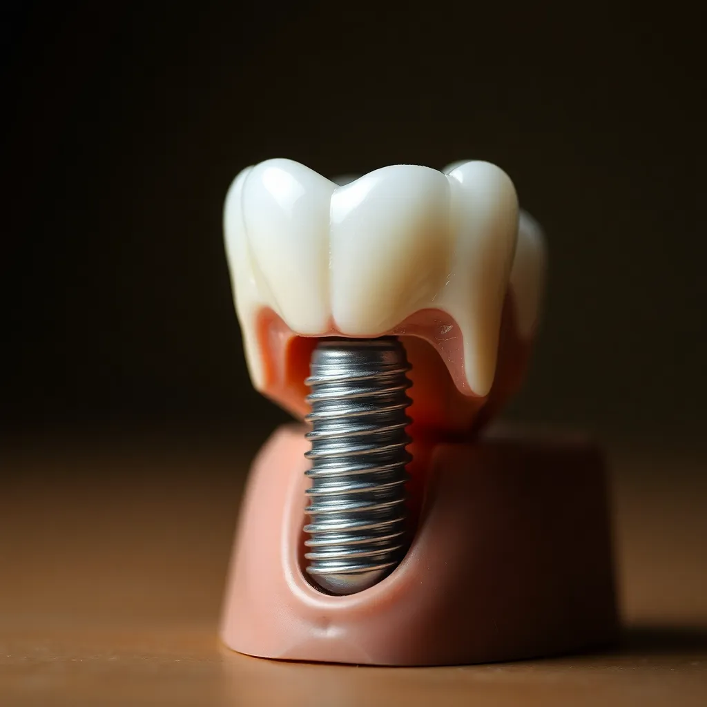An impressive close-up of a dental implant model, showcasing intricate details under dramatic studio lighting. The soft background enhances the textures of the implant, while the muted earth tones create a calm and professional mood. This image illustrates the precision and quality involved in modern dental solutions, making it ideal for dental education or marketing.