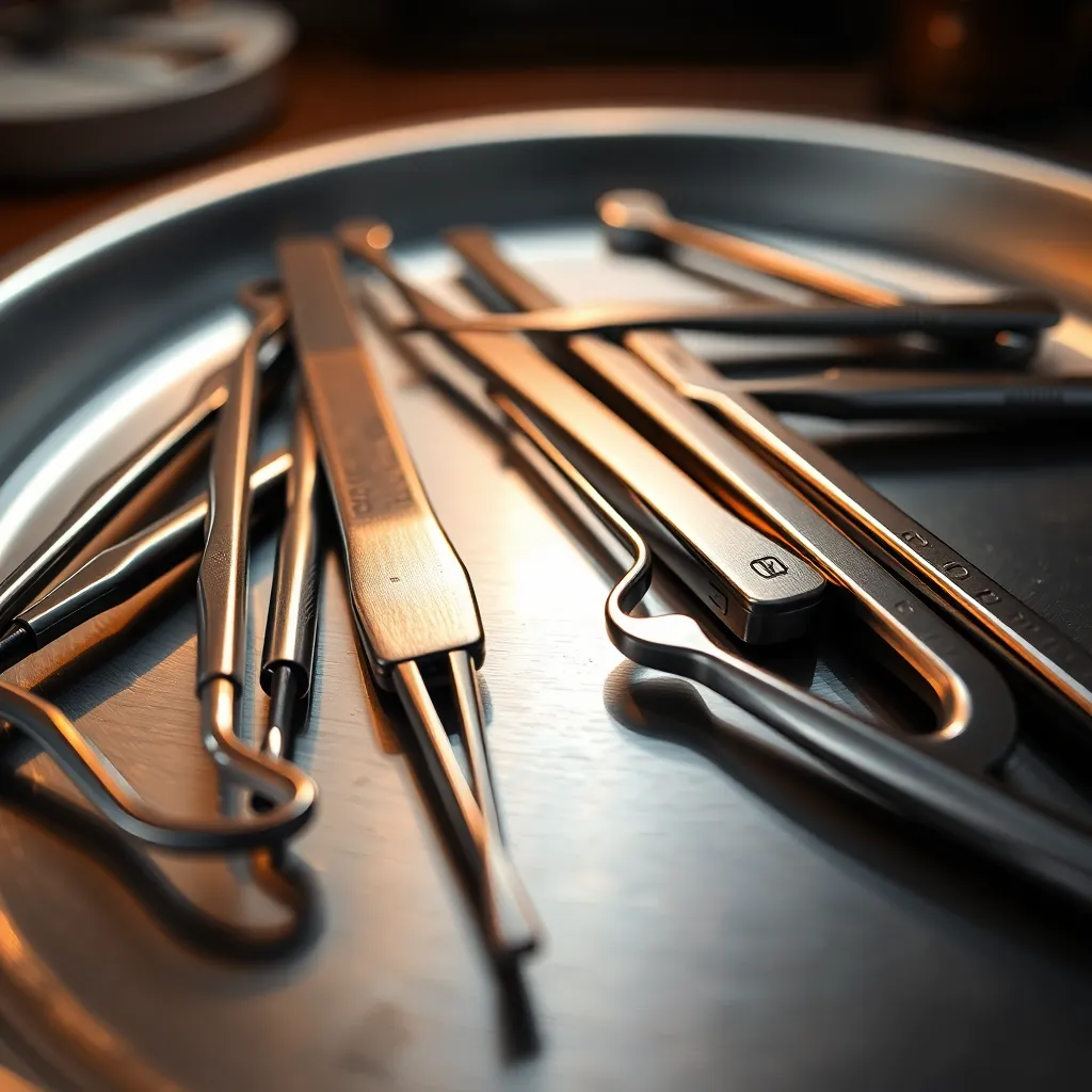 Precision Dental Tools on Steel Tray In this macro shot, the intricate details of dental tools are highlighted on a gleaming stainless steel tray. Warm tungsten lighting accentuates the reflective surfaces and intricate craftsmanship of the instruments. This image evokes a sense of professionalism and precision within a dental setting, capturing the essence of dental care equipment.