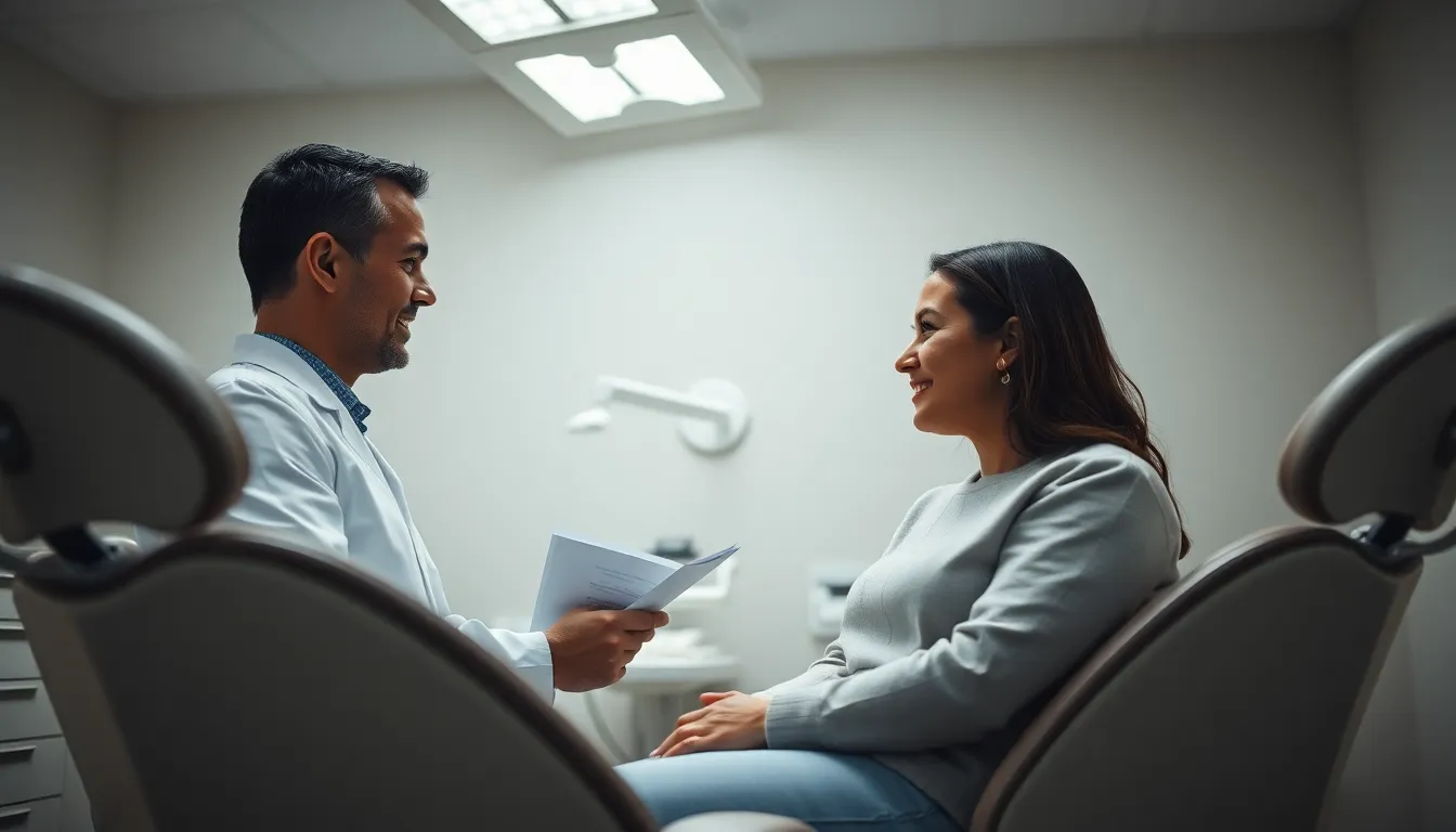 This photorealistic image presents a dentist and patient engaged in a discussion about treatment options in a modern dental consultation room. Soft overhead LED lighting casts a calm and professional mood, while the muted color tones emphasize the clinical setting. The focus on the engaged expressions of both the dentist and patient showcases the importance of communication in healthcare.